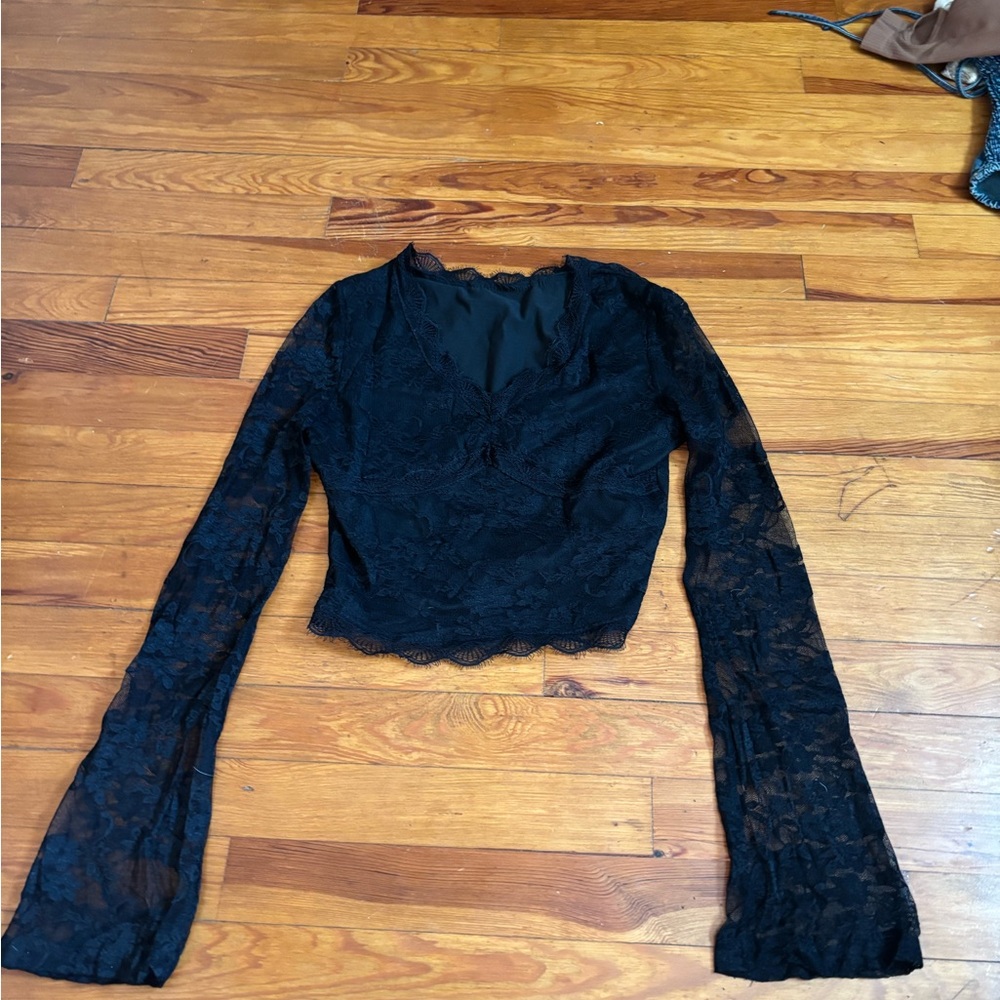 SHEIN Black Lace Long Sleeve Blouse